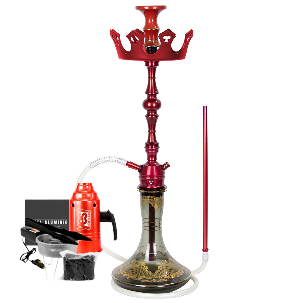 Narguile Triton Up Vermelho Vaso Md Genie 26cm Rosh Seven Bowl Prato Coroa Fogareiro Abafador Alumínio Pegador Carvão