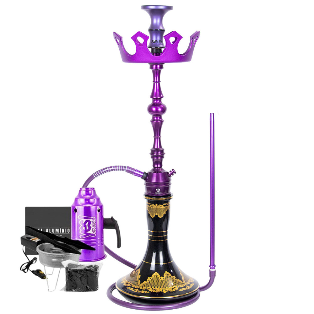 Narguile Triton Up Roxo Vaso Md Genie 26cm Rosh Seven Bowl Prato Coroa Fogareiro Abafador Alumínio Pegador Carvão